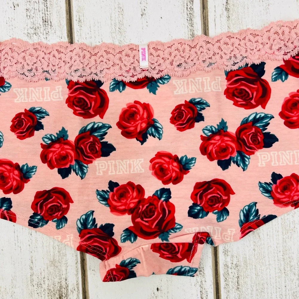 VS PINK Logo Boyshort Pantie Medium Red Roses Rare Print - Picture 2 of 6